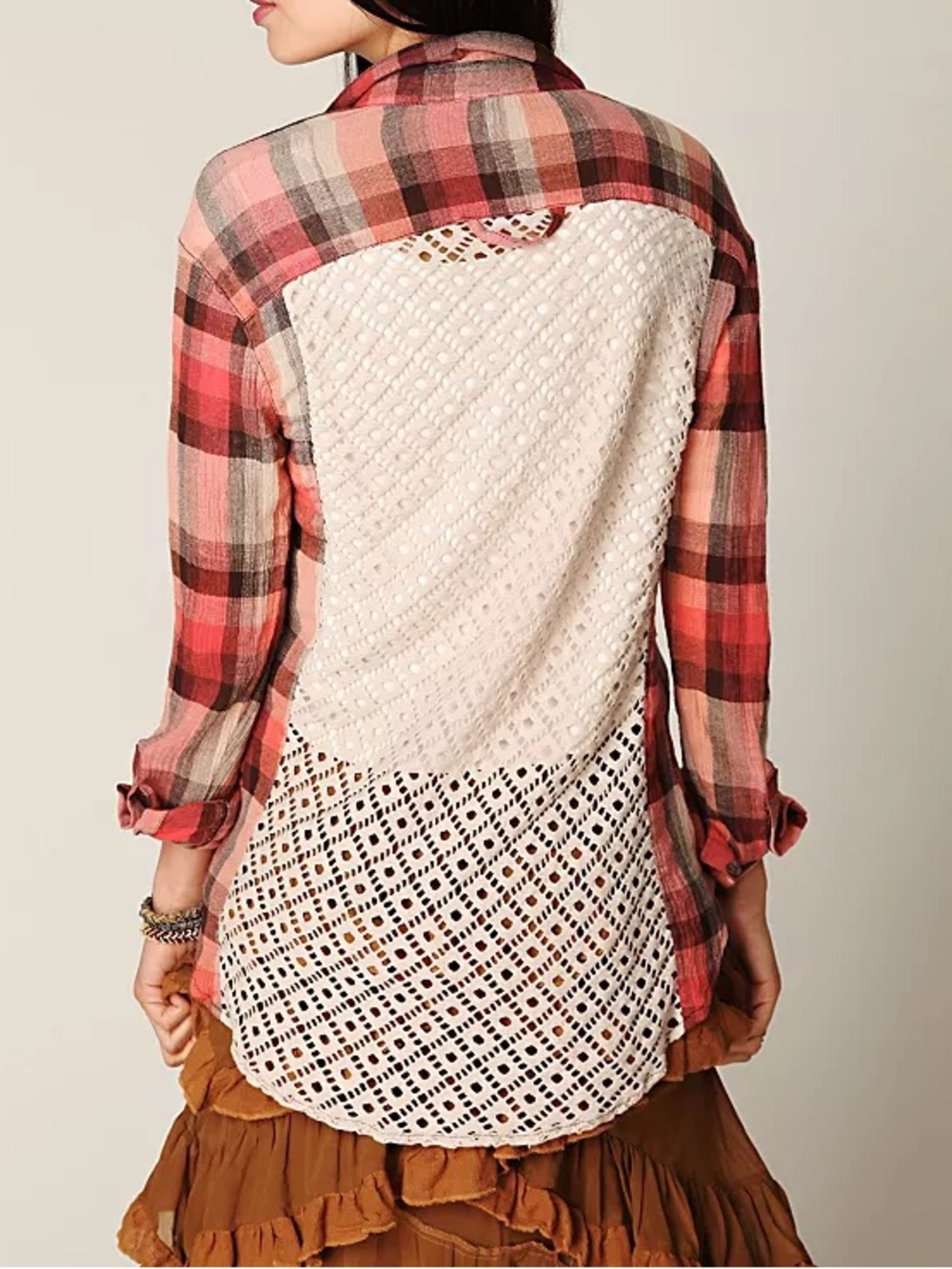We The Free Pink Plaid Button-Down with Cream Crochet Back